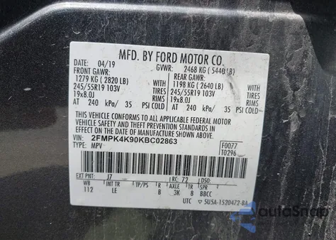 2019 Ford Edge Titanium z USA, uszkodzony, nr VIN 2FMPK4K90KBC02863